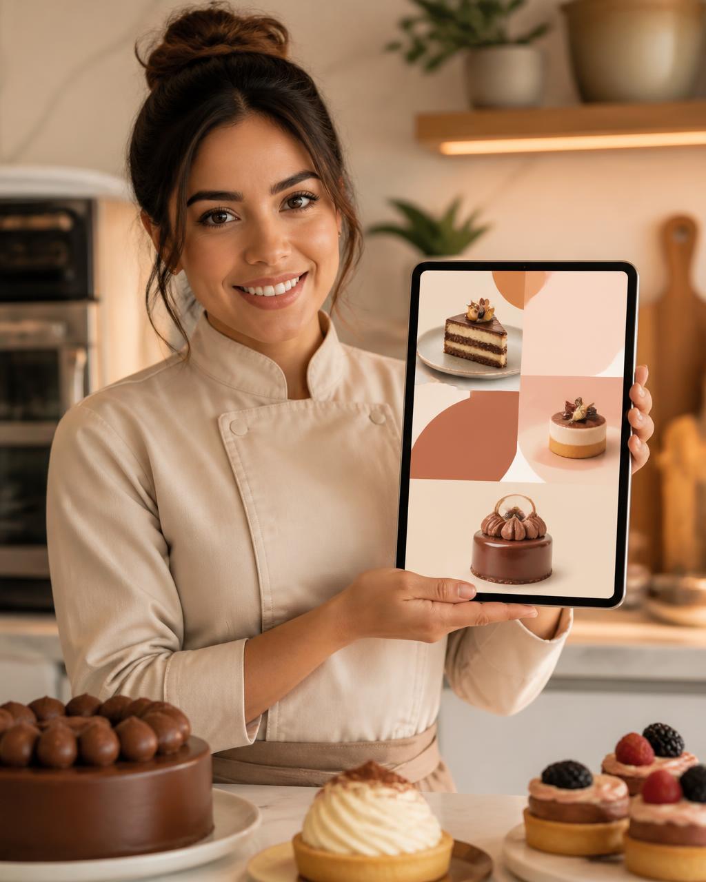 Presentadora publicitaria de Viral Dulce en una cocina moderna